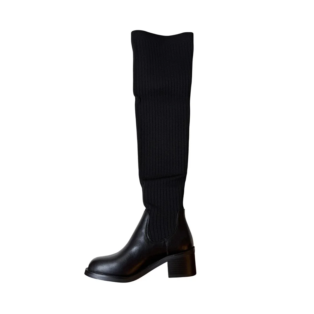 Current Mood Gia Black Thigh High Knit Sock Boots Block Heel Size 8 New in Box